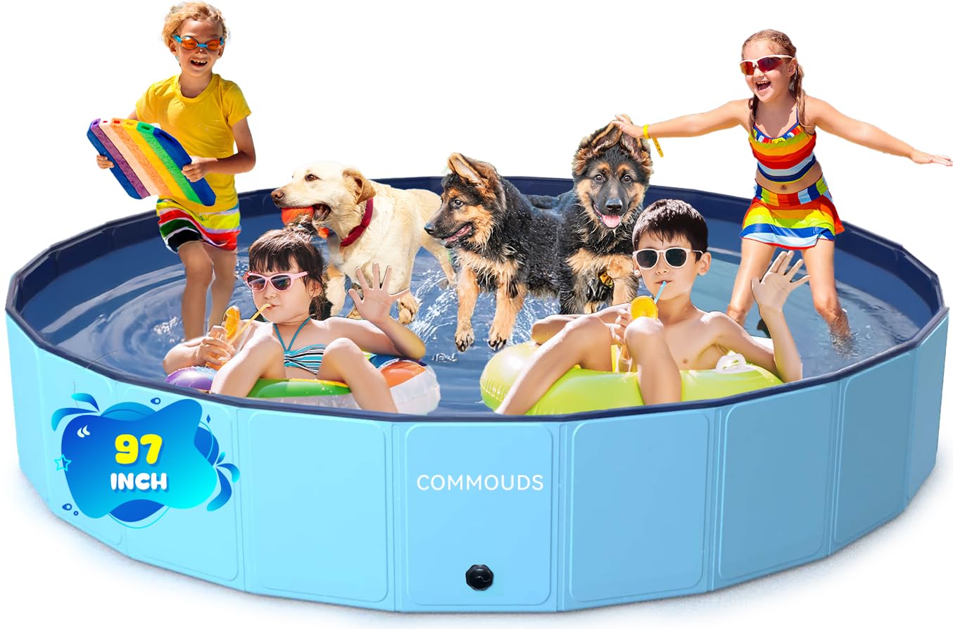 COMMOUDS 97-Inch Extra Large Foldable Dog Pool – Portable, Collapsible Pet Bath & Wading Pool