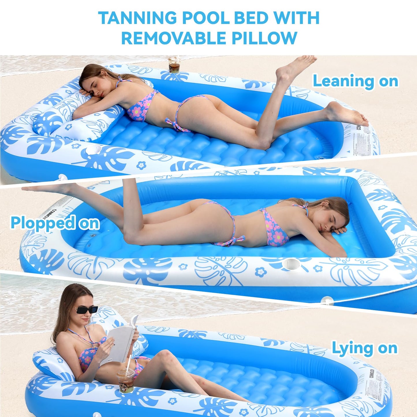 COMMOUDS Inflatable Tanning Pool Lounger with Cervical Pillow – Ultra Large 89x67 Inches for Sunbathing, Backyard & Pool Parties