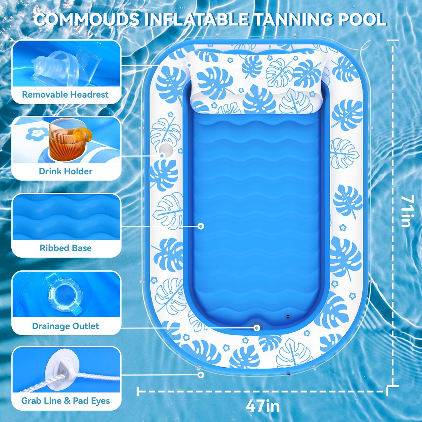 COMMOUDS Inflatable Tanning Pool Lounger Float with Cervical Pillow — 71in x 47in, SkyBlue