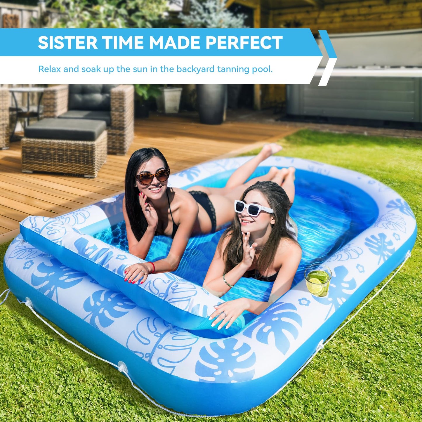 COMMOUDS Inflatable Tanning Pool Lounger with Cervical Pillow – SkyBlue XL 80" x 56"