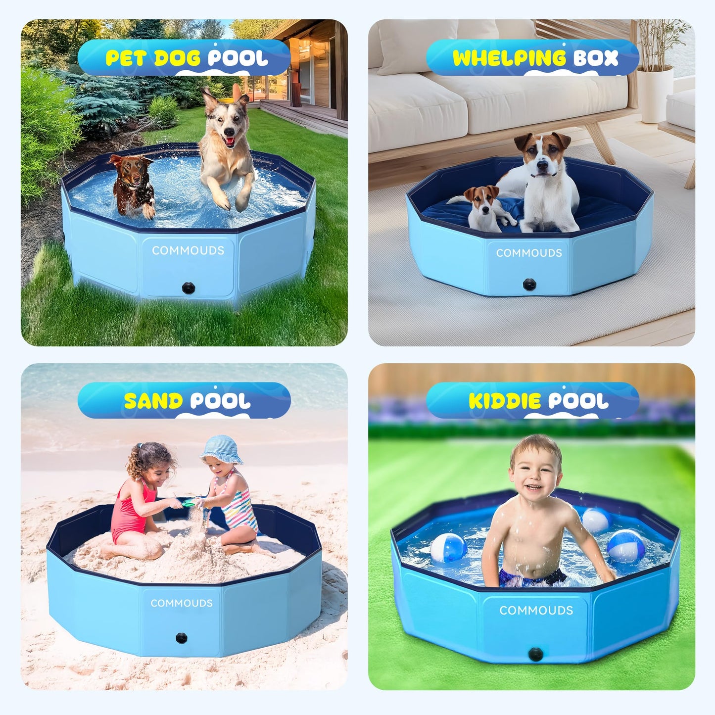 COMMOUDS Foldable Dog Pool – 40-Inch Collapsible Pet Bath Tub, Portable & Safe