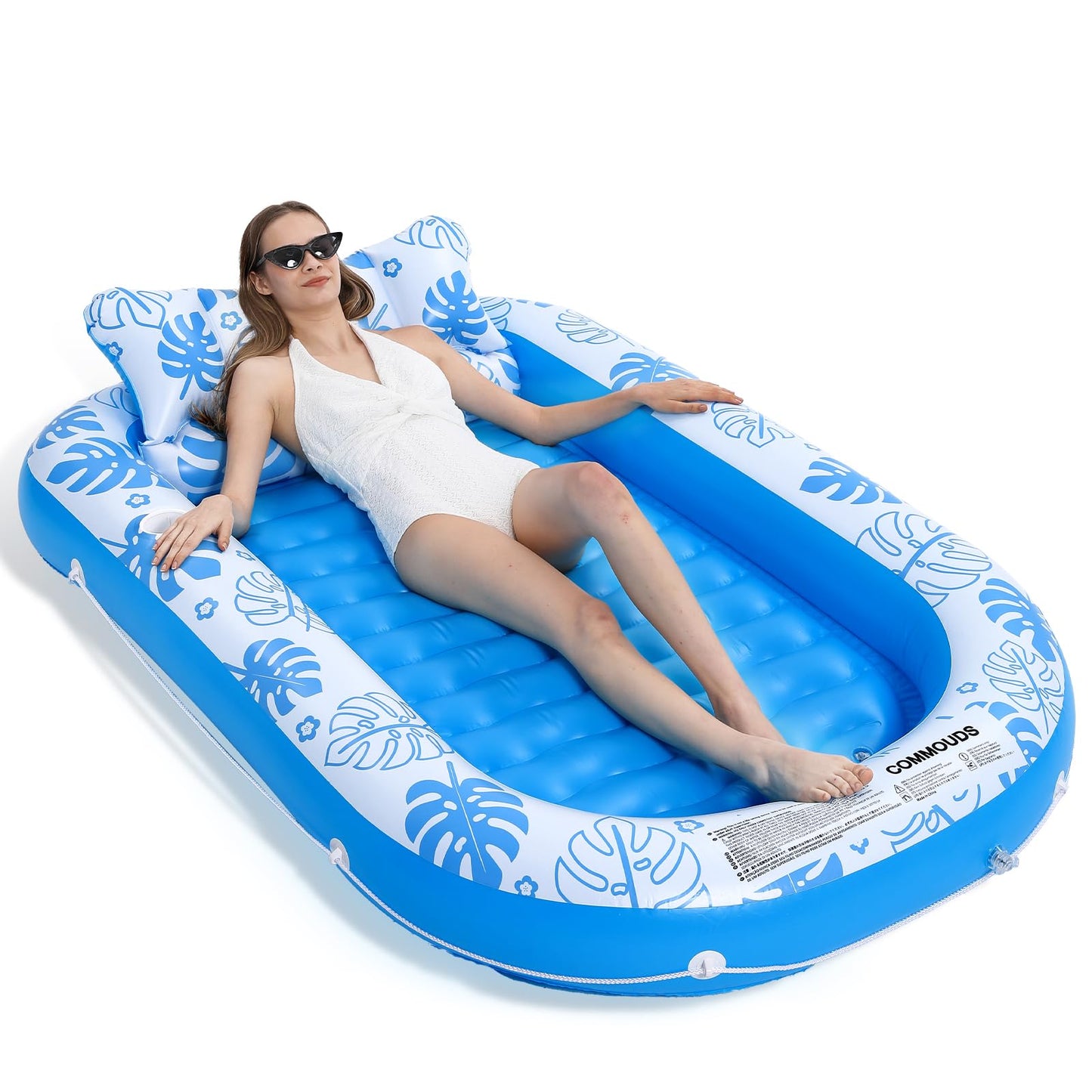 COMMOUDS Inflatable Tanning Pool Lounger Float with Cervical Pillow — 71in x 47in, SkyBlue