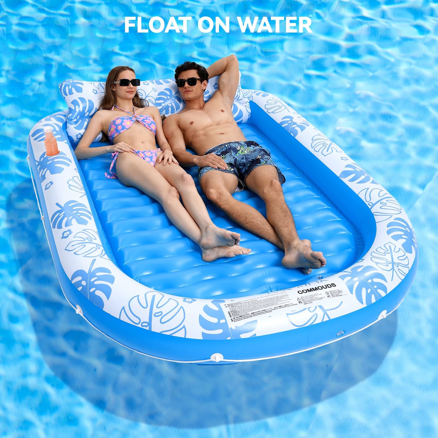 COMMOUDS Inflatable Tanning Pool Lounger with Cervical Pillow – Ultra Large 89x67 Inches for Sunbathing, Backyard & Pool Parties