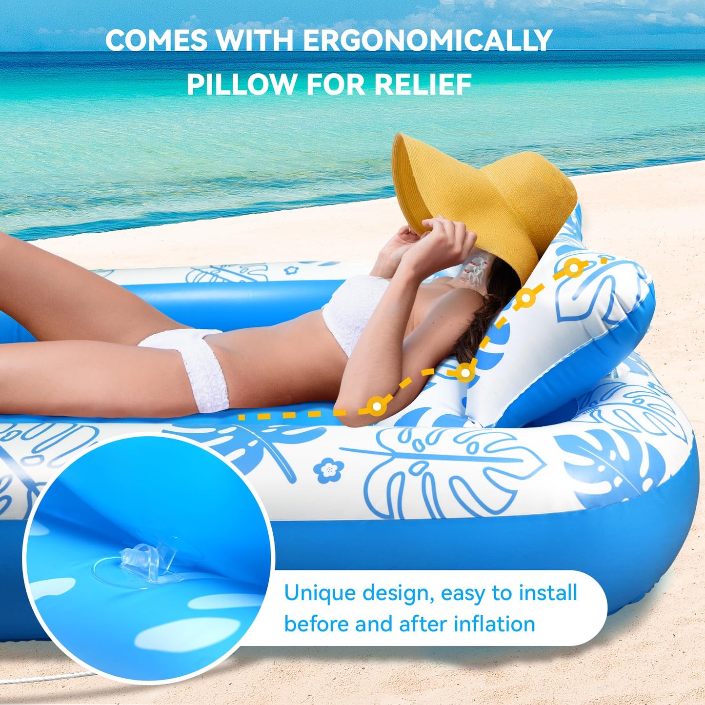 COMMOUDS Inflatable Tanning Pool Lounger with Cervical Pillow – SkyBlue XL 80" x 56"
