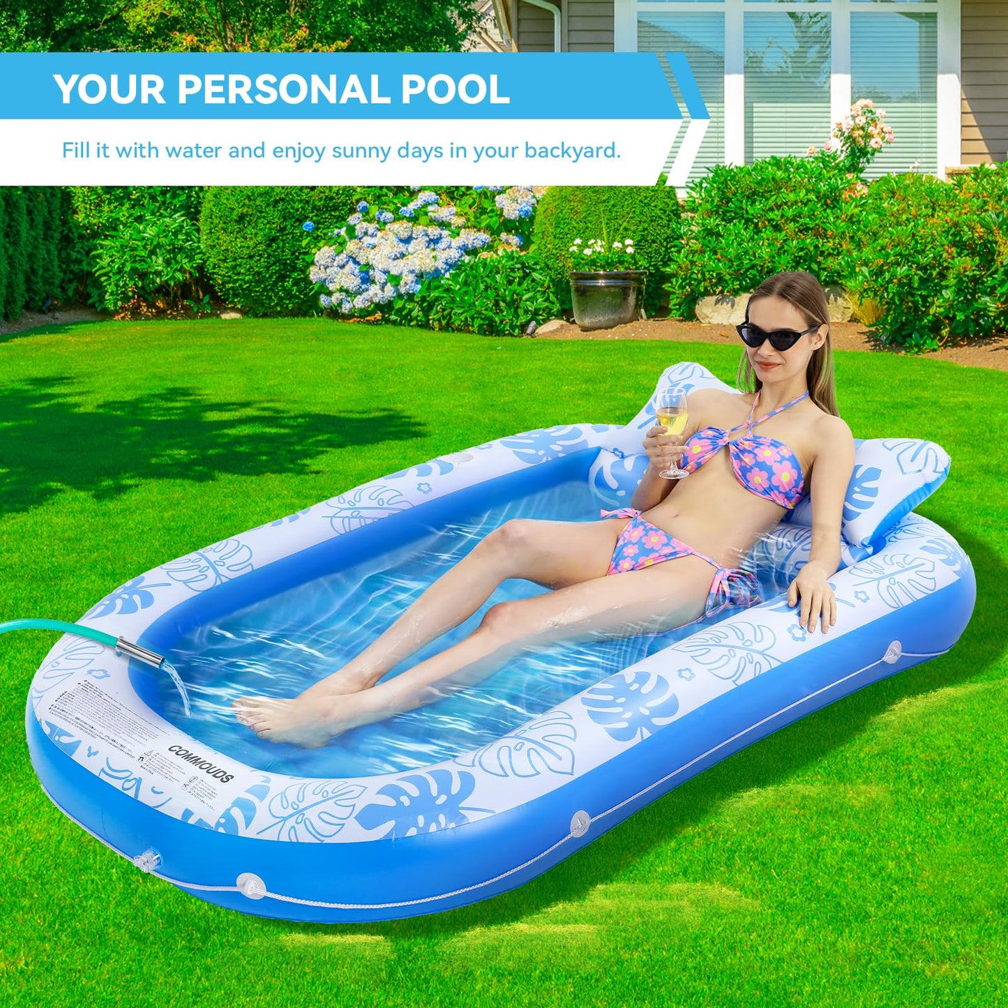 COMMOUDS Inflatable Tanning Pool Lounger Float with Cervical Pillow — 71in x 47in, SkyBlue