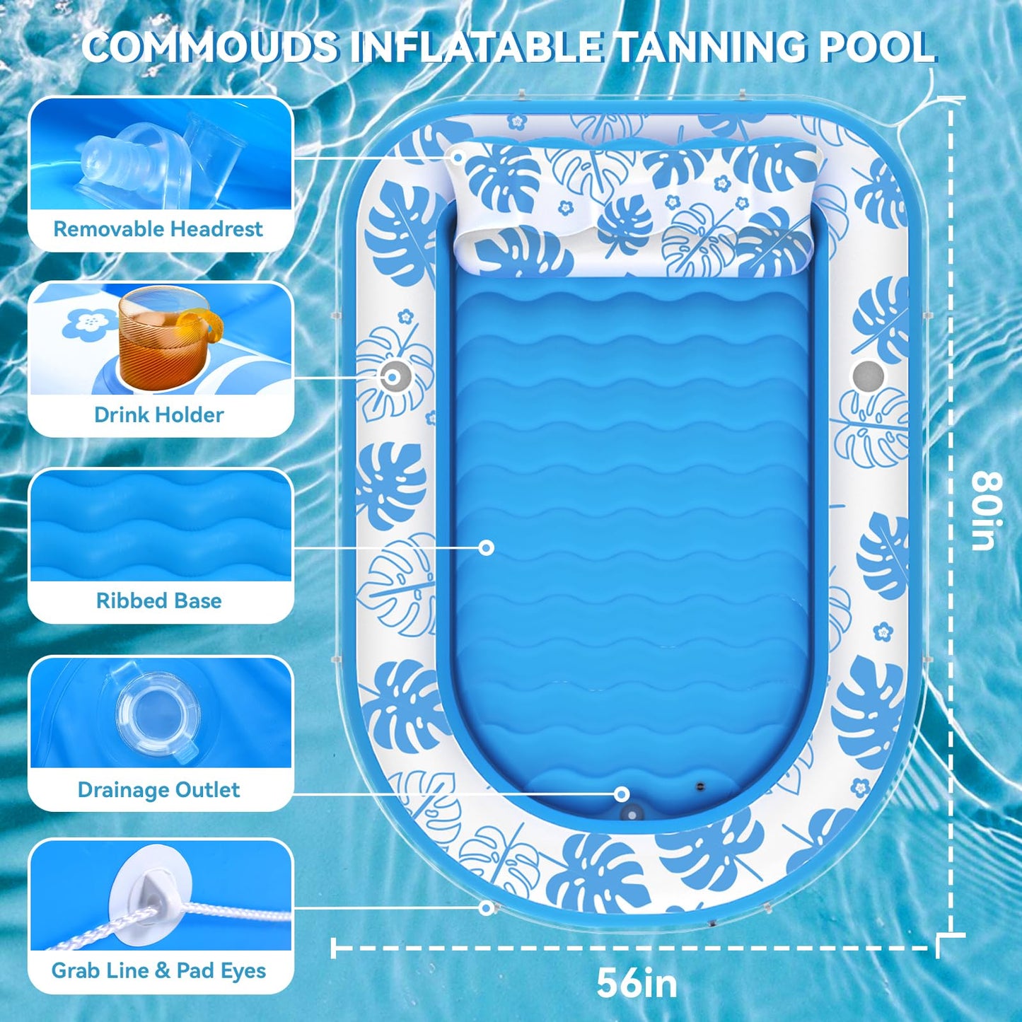 COMMOUDS Inflatable Tanning Pool Lounger with Cervical Pillow – SkyBlue XL 80" x 56"