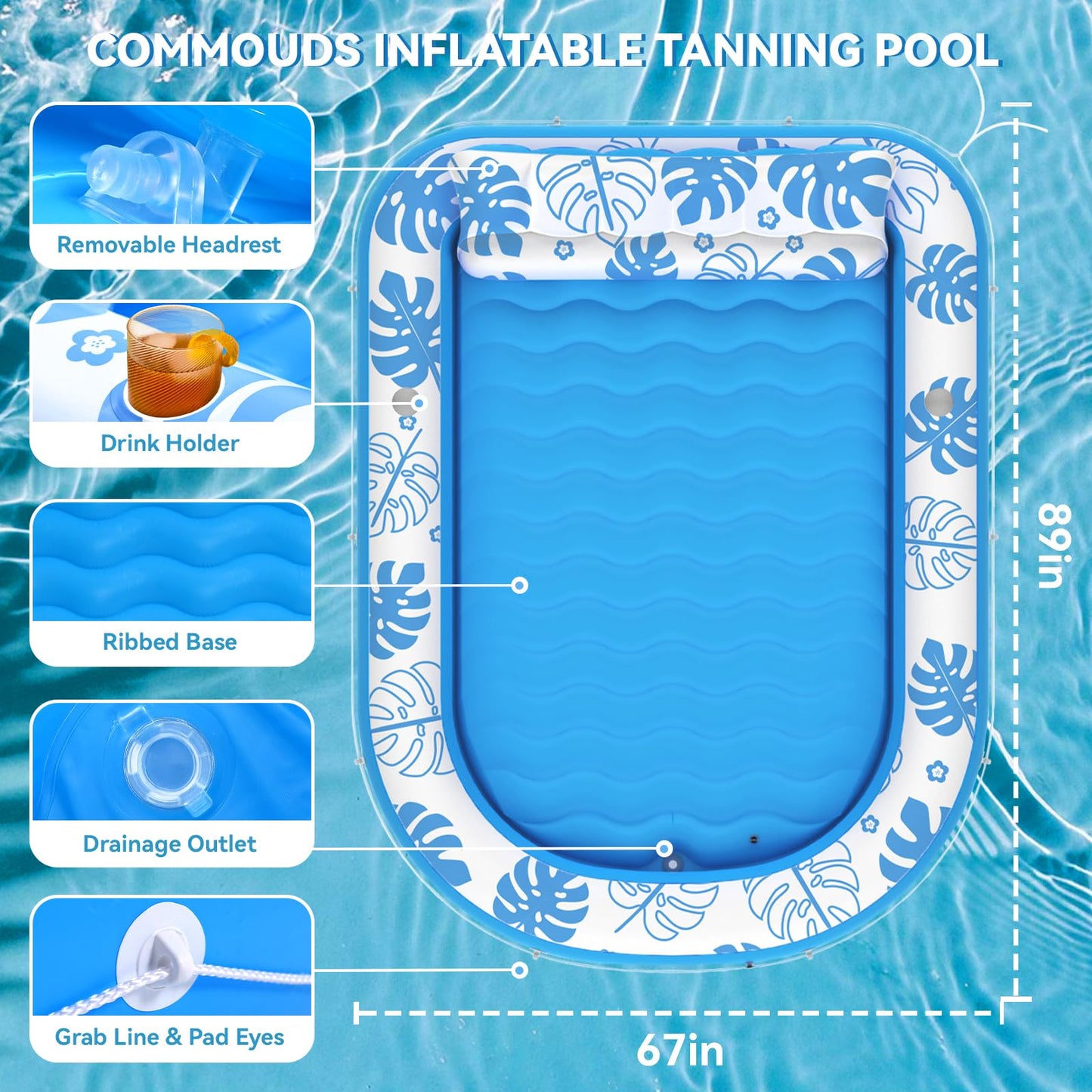 COMMOUDS Inflatable Tanning Pool Lounger with Cervical Pillow – Ultra Large 89x67 Inches for Sunbathing, Backyard & Pool Parties