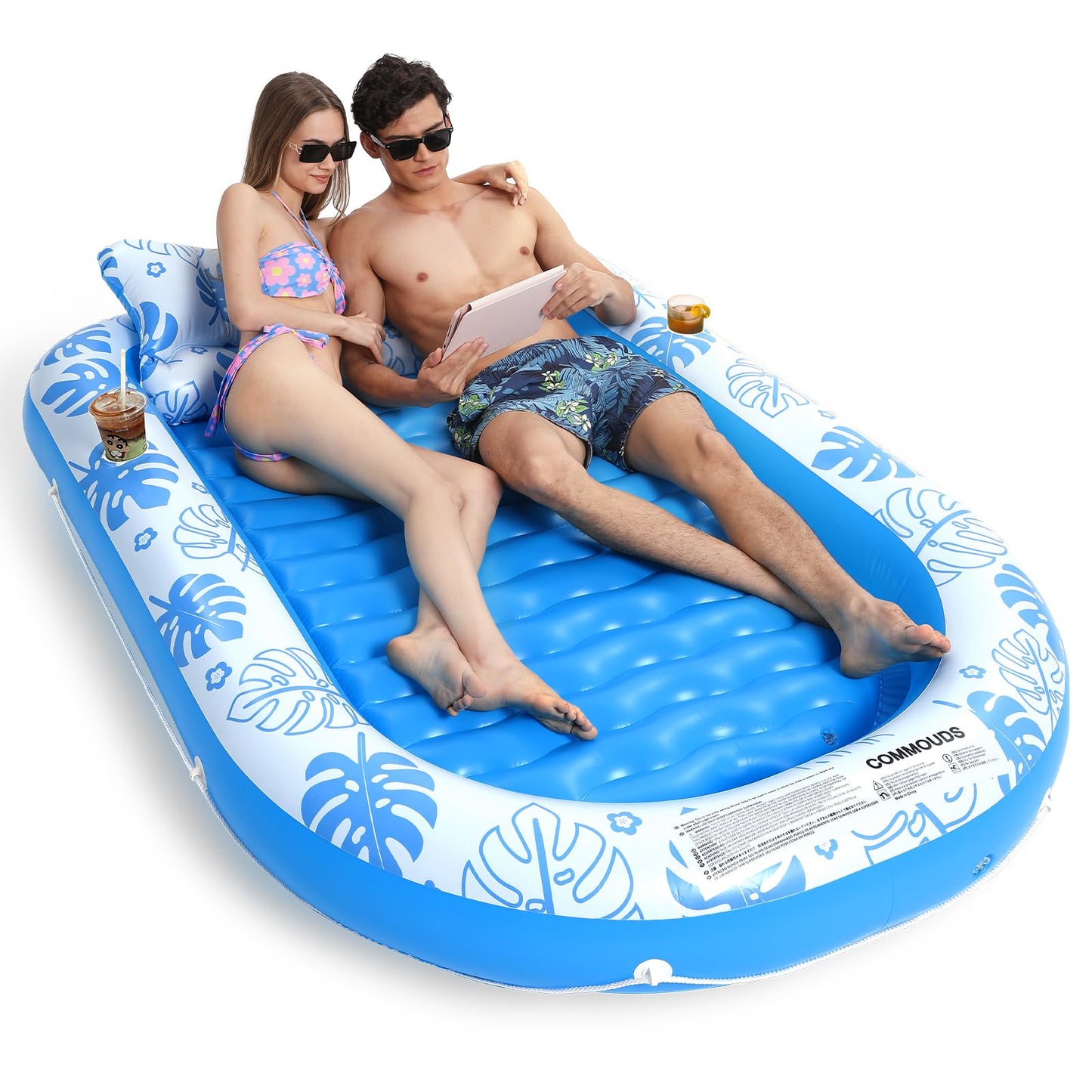 COMMOUDS Inflatable Tanning Pool Lounger with Cervical Pillow – SkyBlue XL 80" x 56"