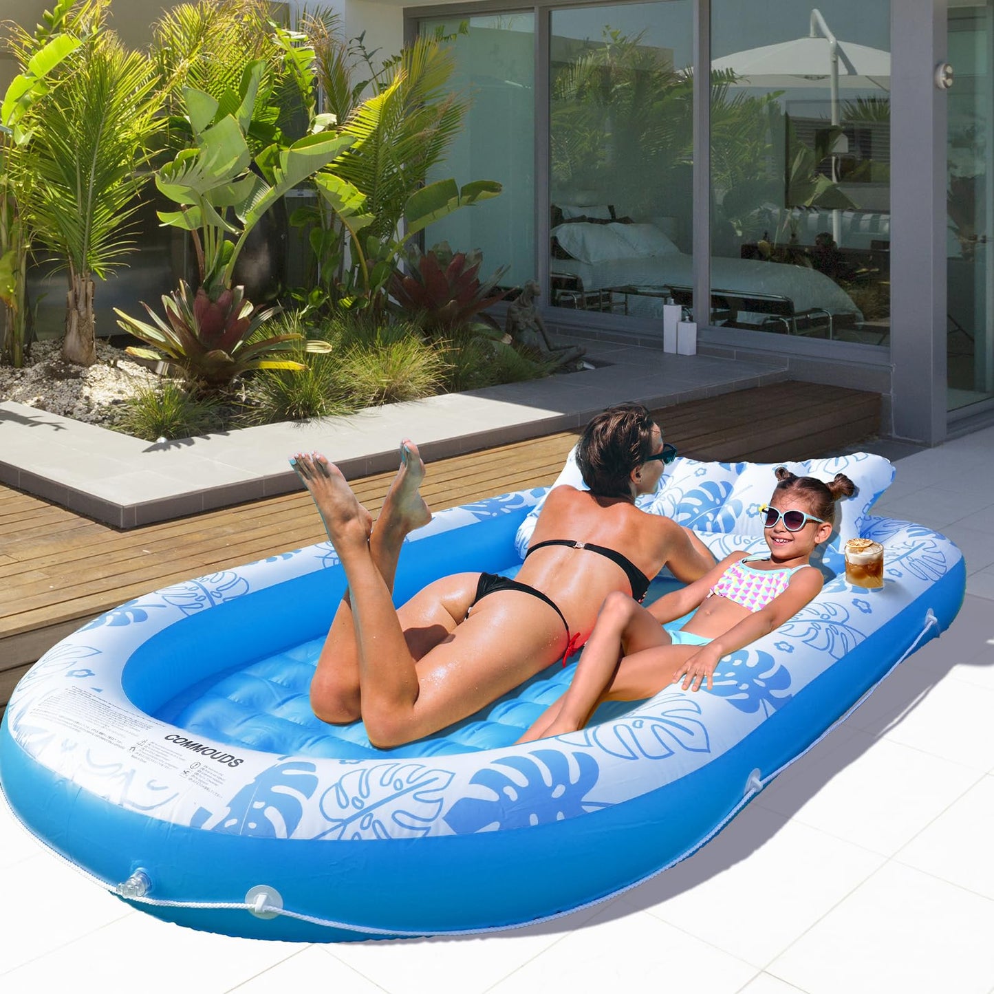 COMMOUDS Inflatable Tanning Pool Lounger with Cervical Pillow – SkyBlue XL 80" x 56"