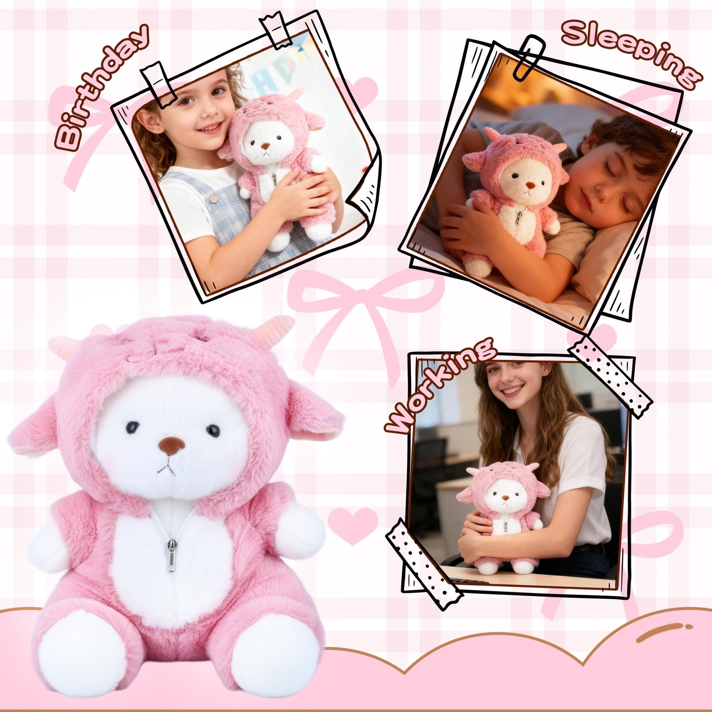 Comnonage Teddy Bear Plush — Movable Legs, Removable Pink Lamb Hoodie, 13 Inches