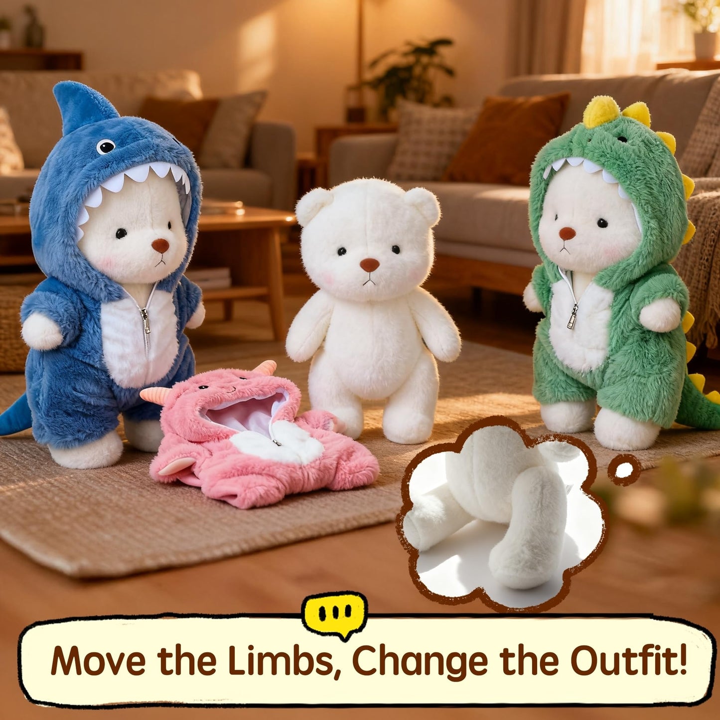 Comnonage Teddy Bear Plush — Movable Legs, Removable Pink Lamb Hoodie, 13 Inches
