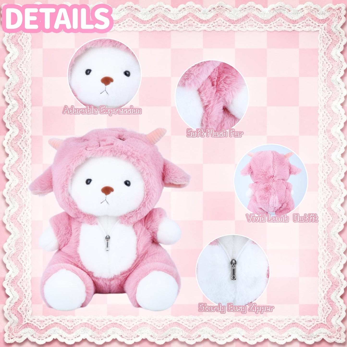 Comnonage Teddy Bear Plush — Movable Legs, Removable Pink Lamb Hoodie, 13 Inches