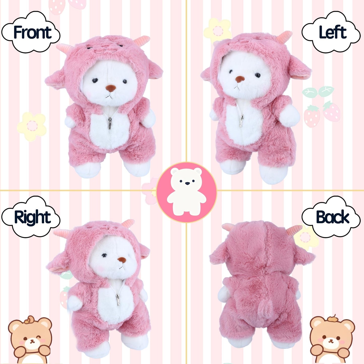 Comnonage Teddy Bear Plush — Movable Legs, Removable Pink Lamb Hoodie, 13 Inches