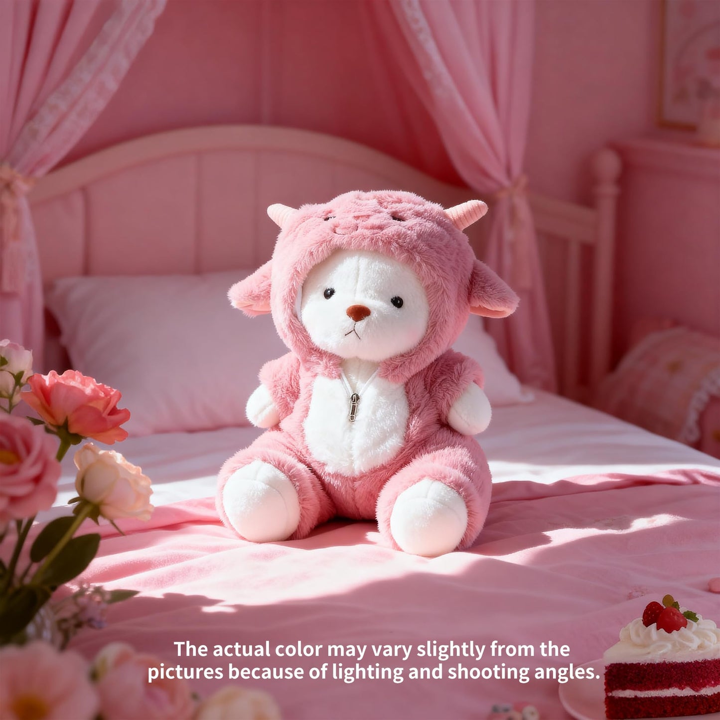 Comnonage Teddy Bear Plush — Movable Legs, Removable Pink Lamb Hoodie, 13 Inches