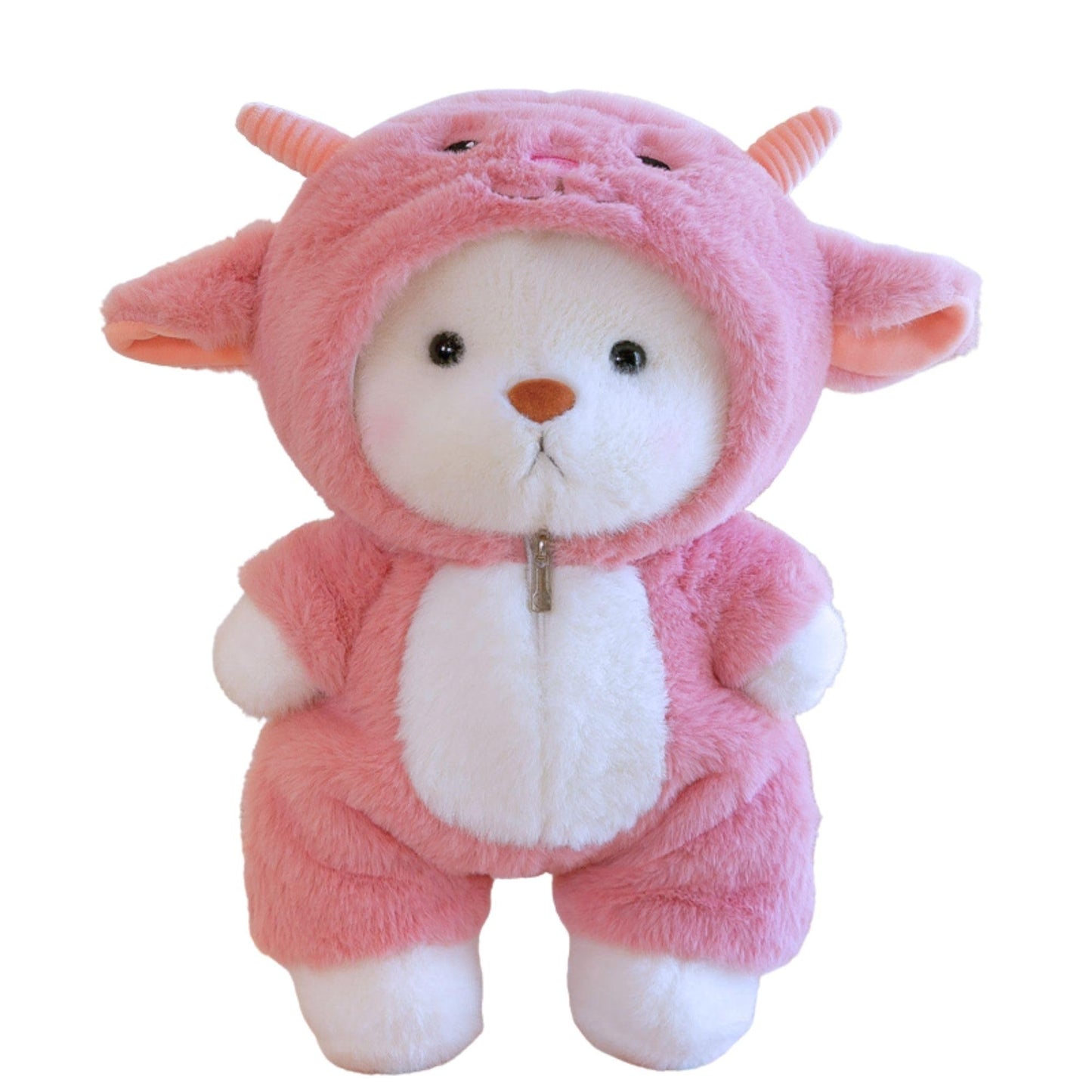 Comnonage Teddy Bear Plush — Movable Legs, Removable Pink Lamb Hoodie, 13 Inches