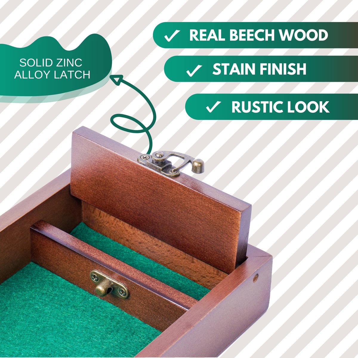 Wooden D&D Dice Tray with Storage Vault — Beech Wood, Green Felt, Metal Latch | Travel Gift