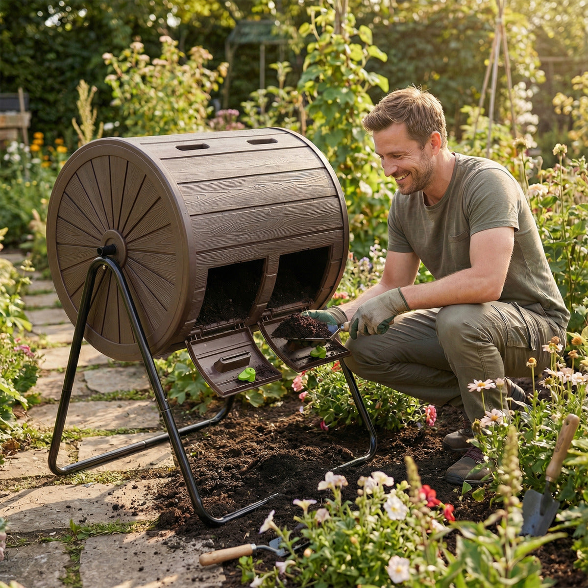 142  Large Outdoor Compost Tumbler with Dual Chambers-Black