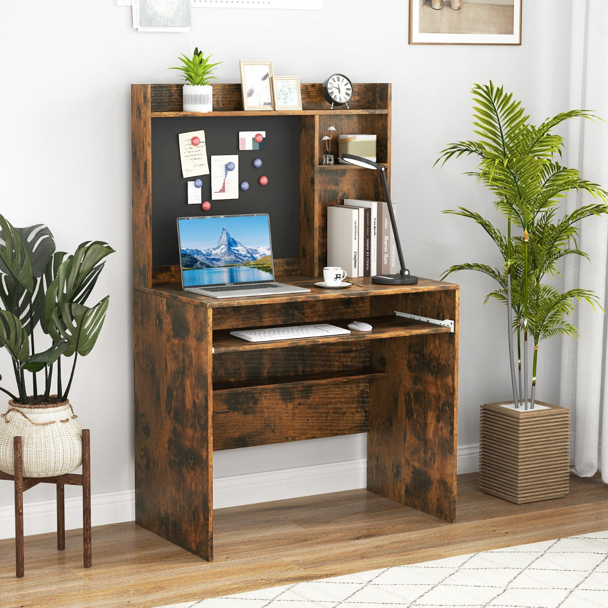 Computer Desk with Magnetic Bulletin Board and Keyboard Tray-Grey