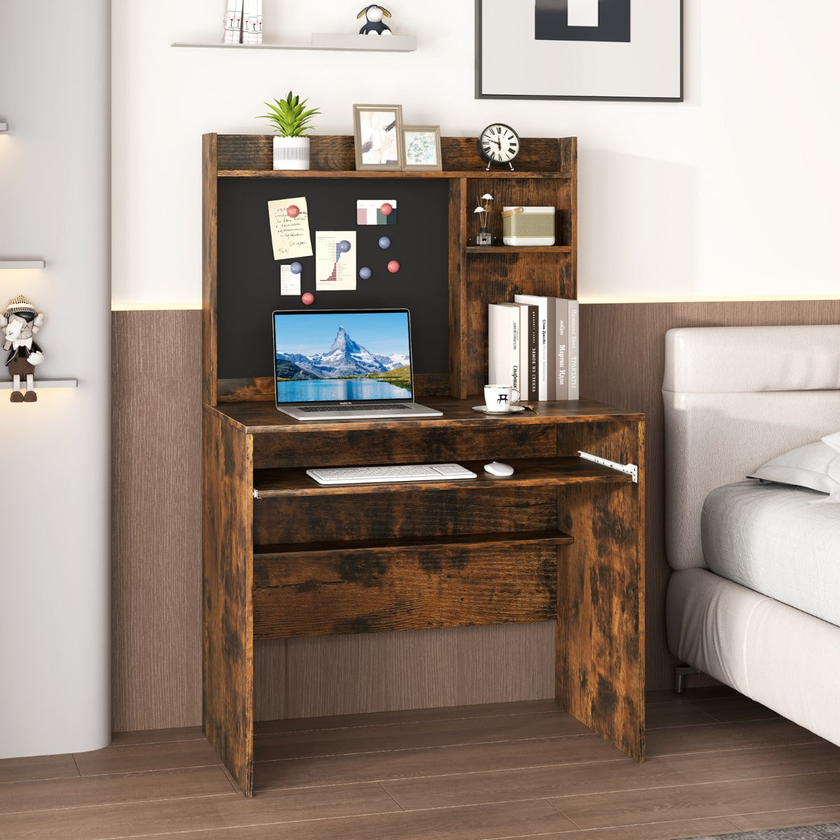Computer Desk with Magnetic Bulletin Board and Keyboard Tray-Grey