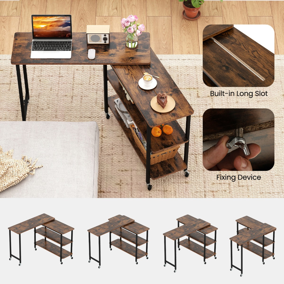 360° Free Rotating Sofa Side Table with Swivel and Sliding Tabletop-Rustic Brown