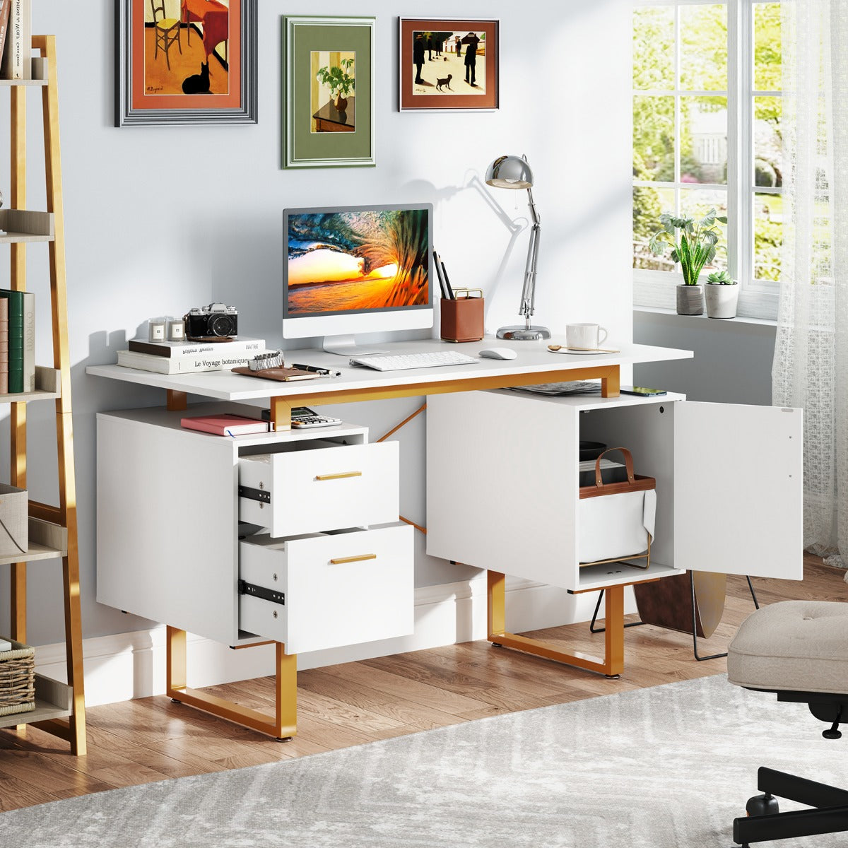 Computer Desk with Floating Desktop and Dual Drawers-Rustic Brown