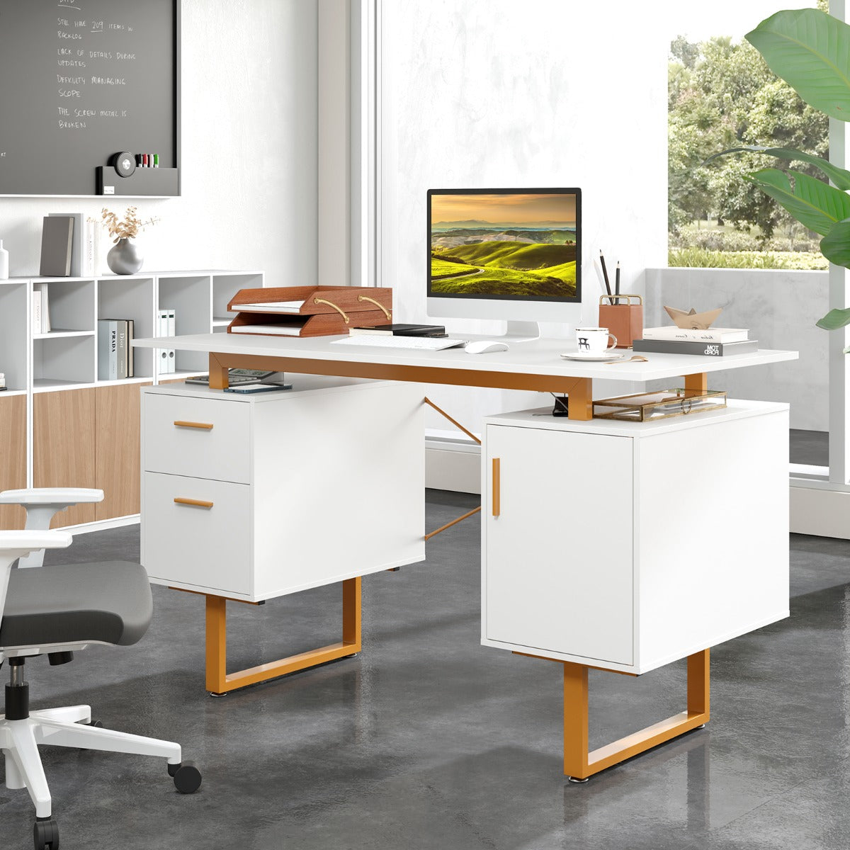 Computer Desk with Floating Desktop and Dual Drawers-Rustic Brown