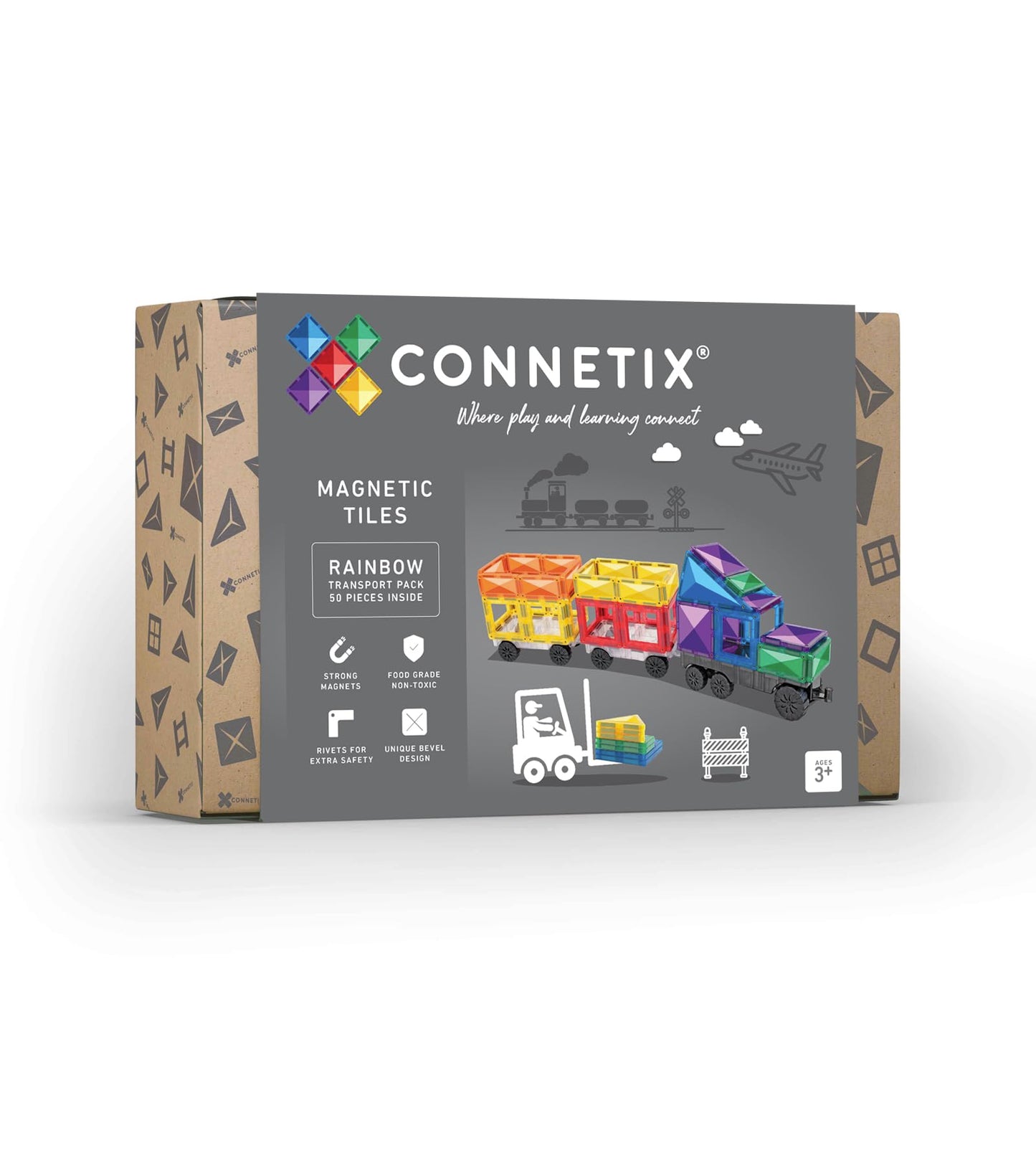 Connetix Rainbow Transport Pack – 50 Magnetic Tiles for Open-Ended Vehicle Building