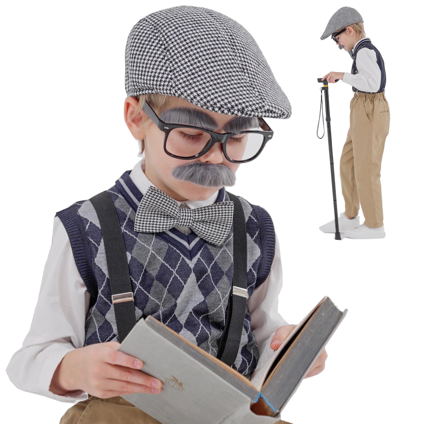 CONNICS Kids 100 Days of School Costume Kit — Grandpa Vest, Cane, Glasses