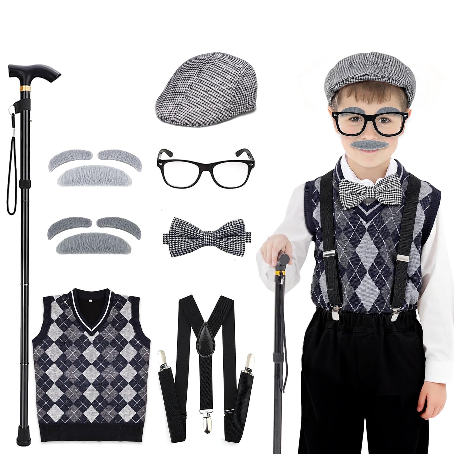 CONNICS Kids 100 Days of School Costume Kit — Grandpa Vest, Cane, Glasses