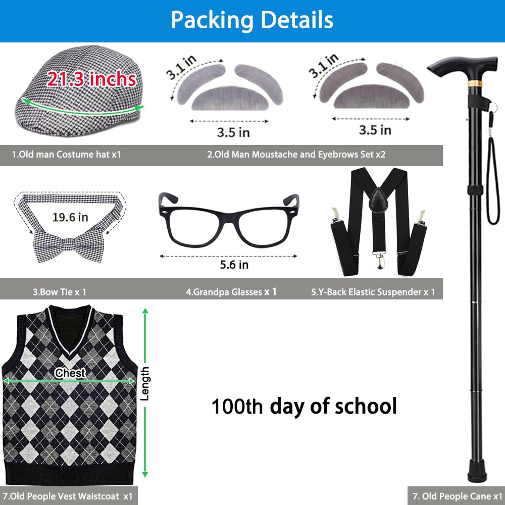 CONNICS Kids 100 Days of School Costume Kit — Grandpa Vest, Cane, Glasses