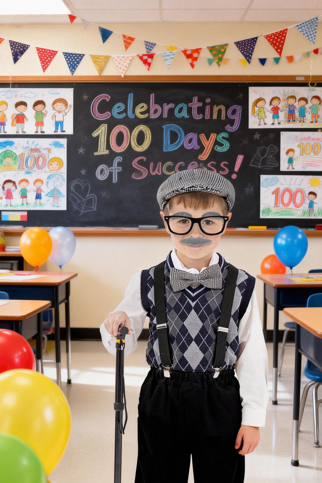 CONNICS Kids 100 Days of School Costume Kit — Grandpa Vest, Cane, Glasses
