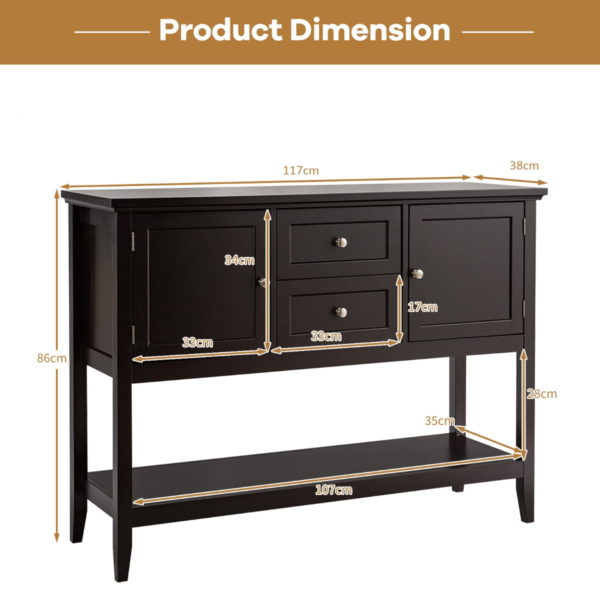 Wooden Buffet Table with Spacious Tabletop and Large Storage Rack-Brown
