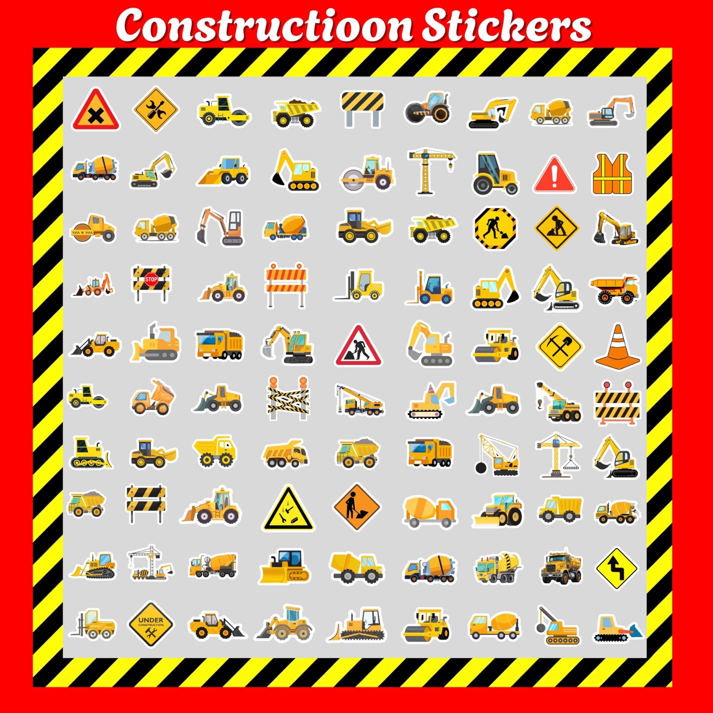100 Pack Construction Stickers – Waterproof Vinyl, 2–2.3in, Party Favors & Classroom Decor