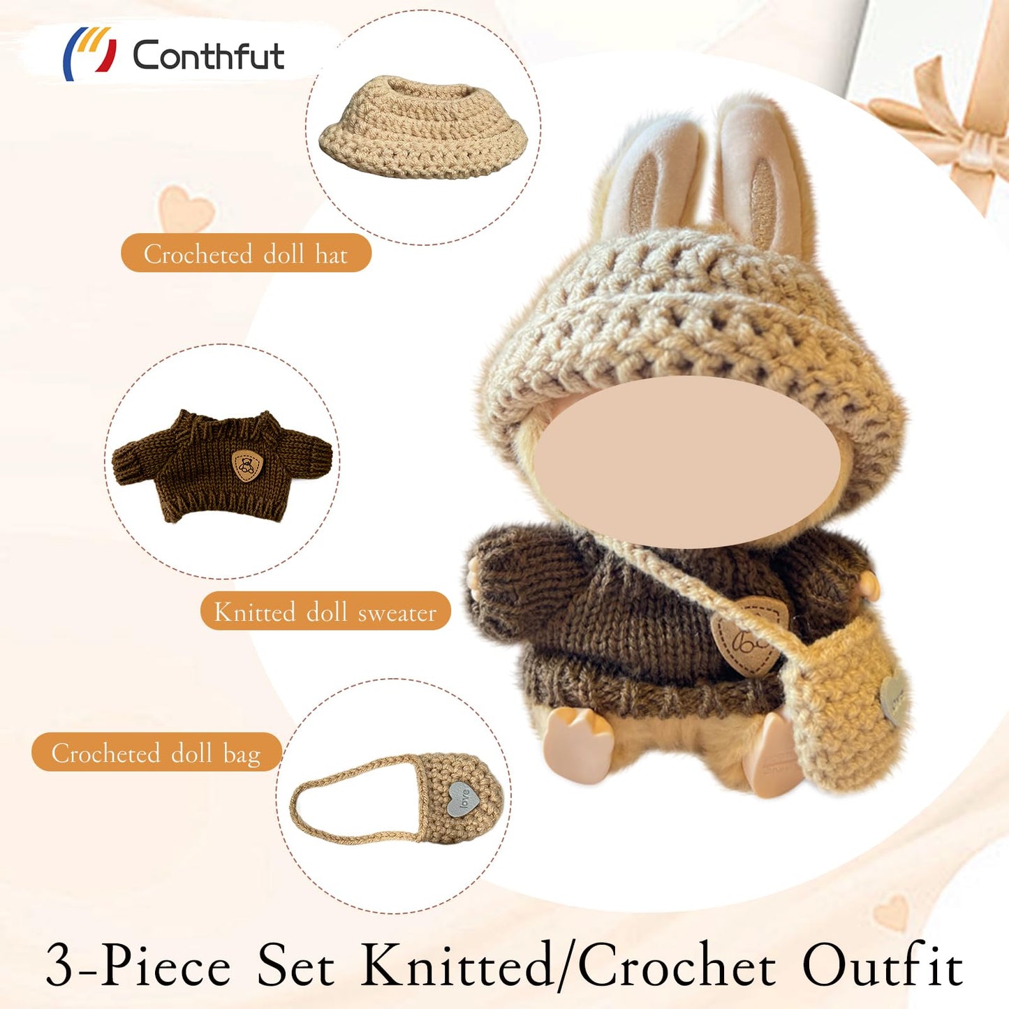Conthfut 17cm Doll Clothes Set – Brown Sweater, Khaki Bag & Hat for 15–17 cm Dolls