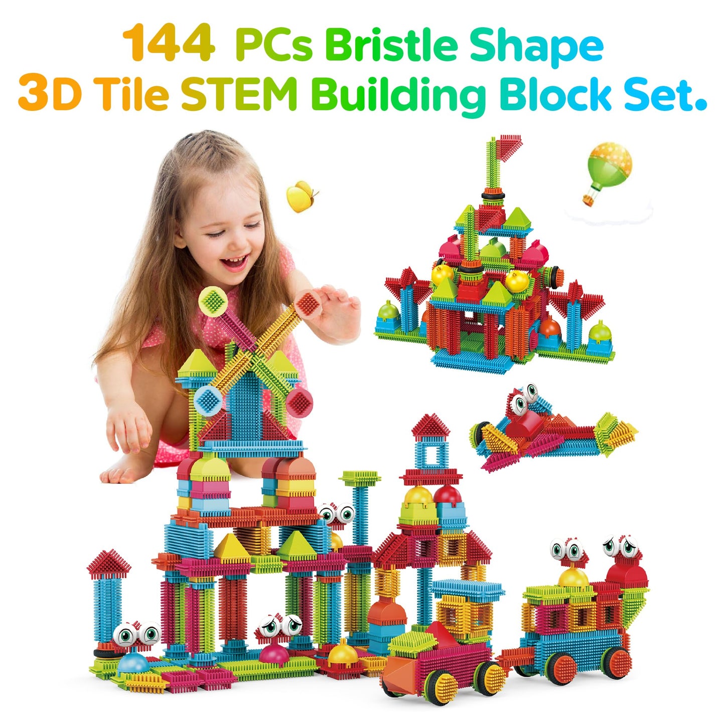 Contixo 244-pcs Bristle Shape 3D STEM Building Toys — Safe, Durable Educational Set for Kids 3-8