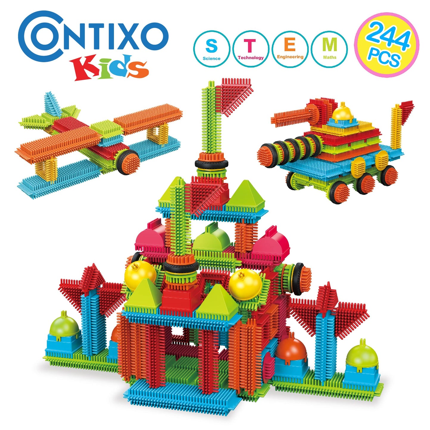 Contixo 244-pcs Bristle Shape 3D STEM Building Toys — Safe, Durable Educational Set for Kids 3-8