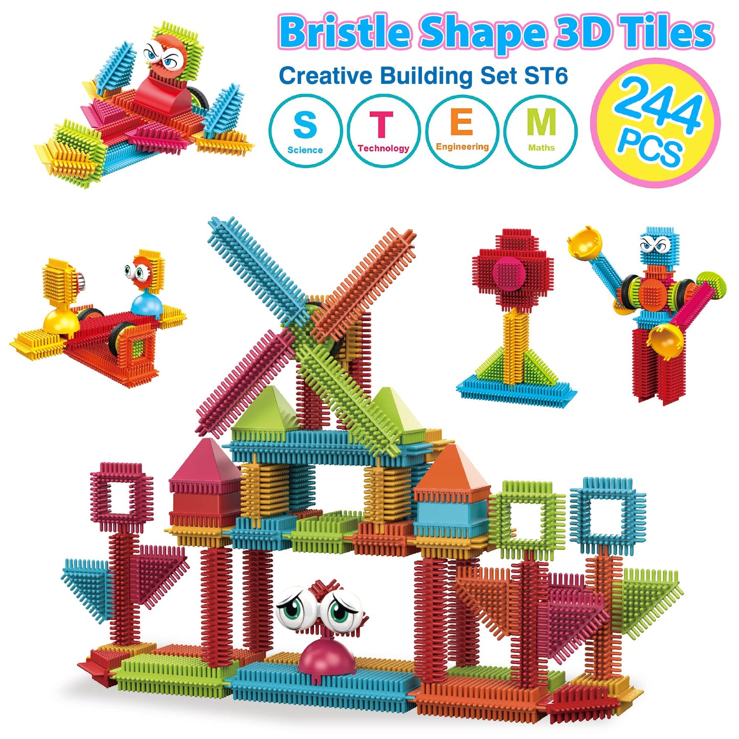 Contixo 244-pcs Bristle Shape 3D STEM Building Toys — Safe, Durable Educational Set for Kids 3-8