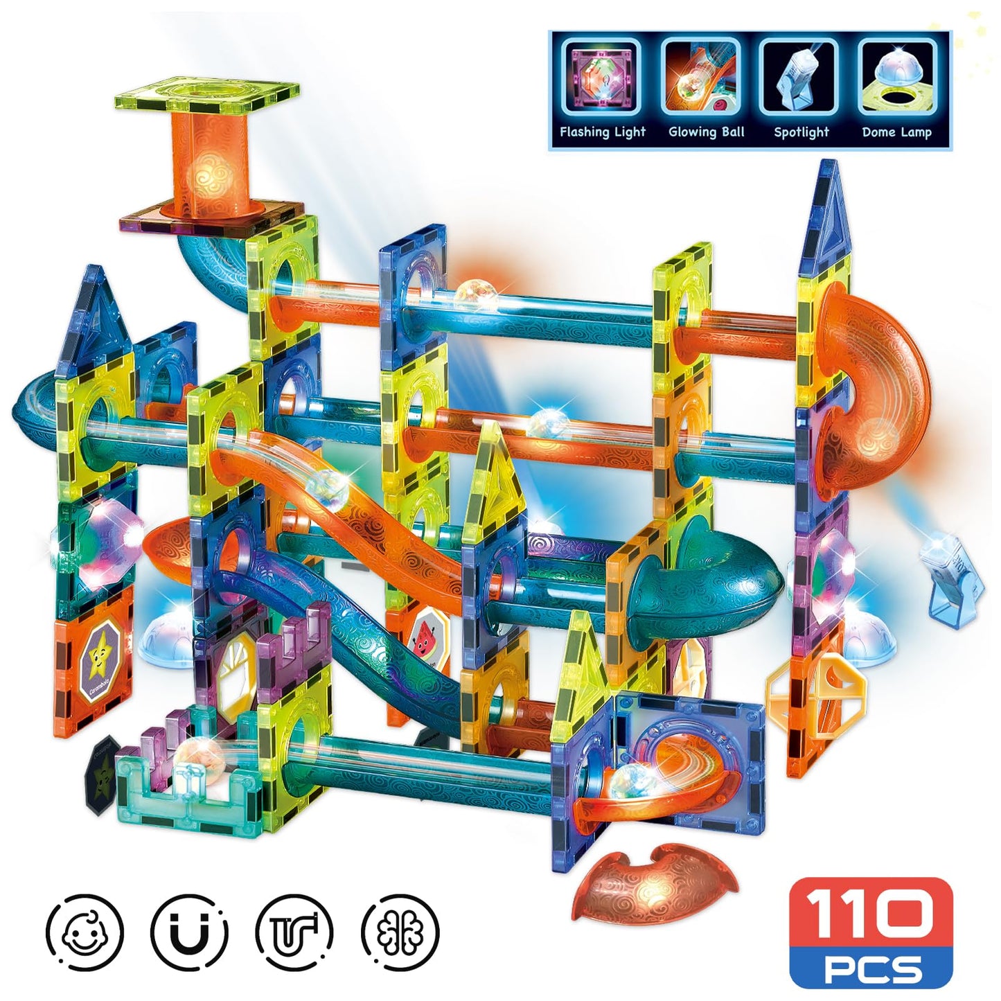Contixo STEM Building Toys - 110-Piece Marble 3D Magnetic Run Tiles for Learning