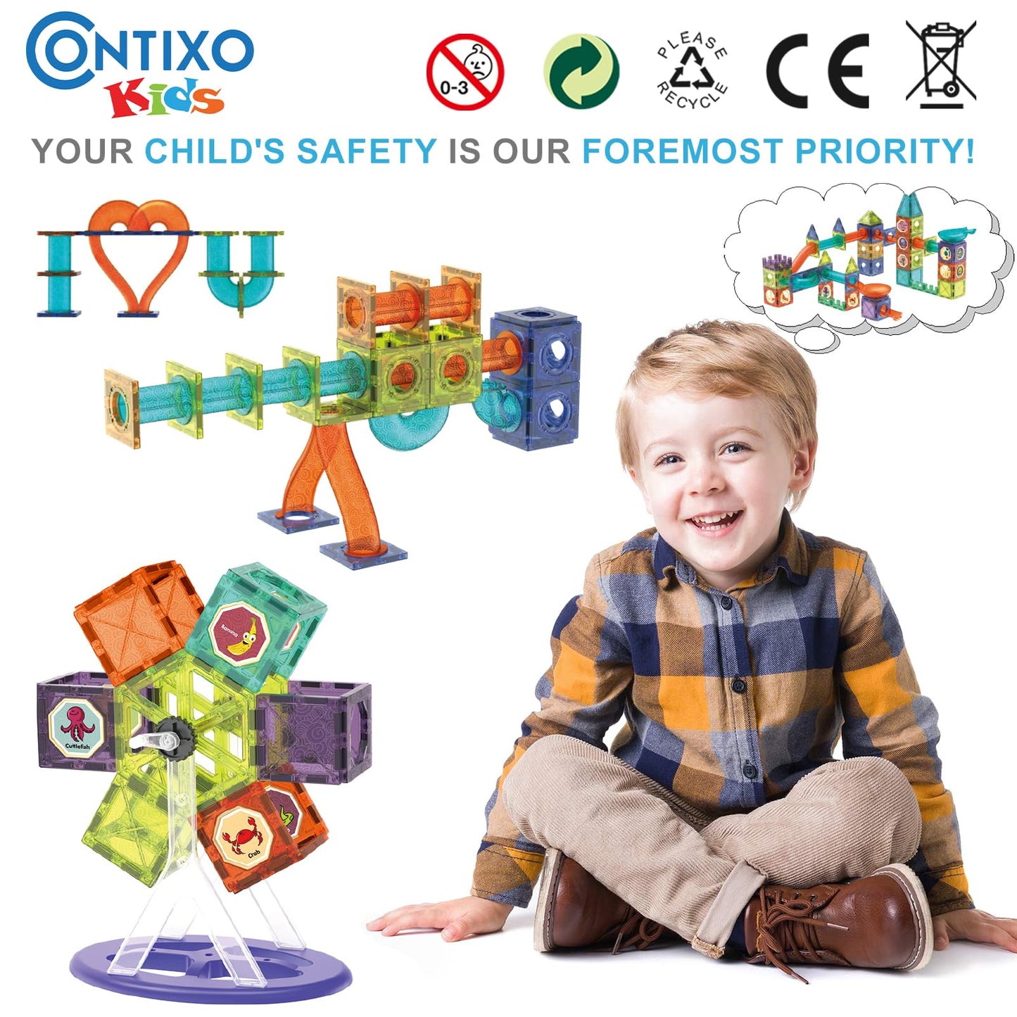 Contixo STEM Building Toys - 110-Piece Marble 3D Magnetic Run Tiles for Learning