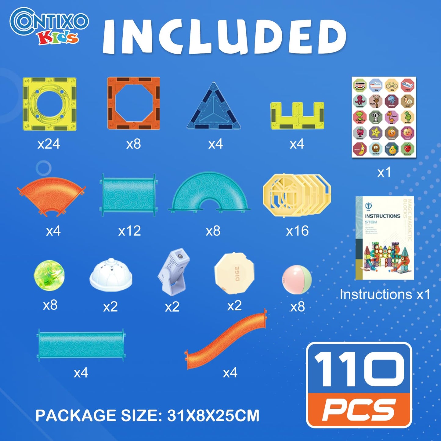 Contixo STEM Building Toys - 110-Piece Marble 3D Magnetic Run Tiles for Learning