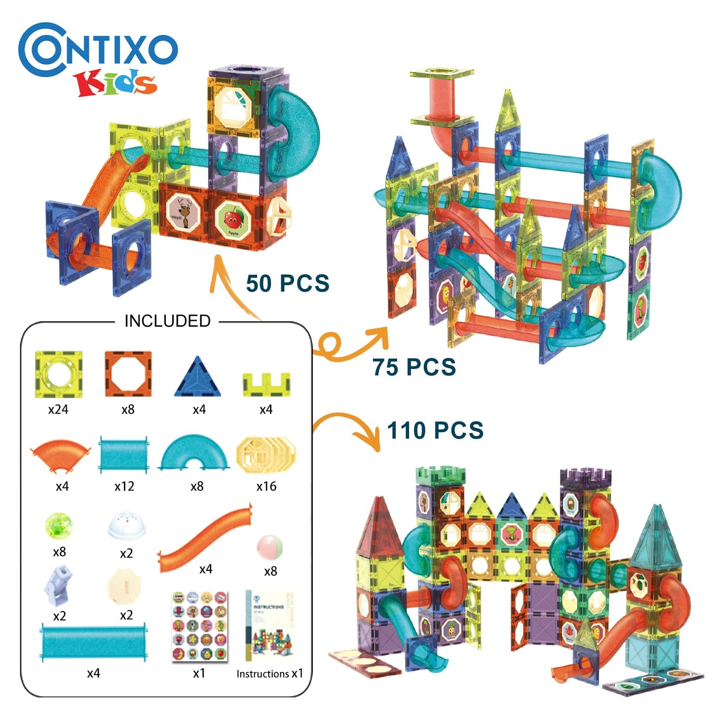 Contixo STEM Building Toys - 110-Piece Marble 3D Magnetic Run Tiles for Learning