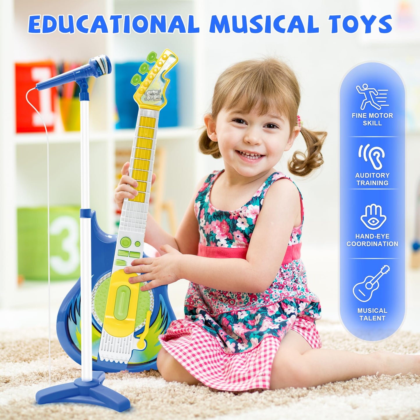 Contixo TG4 Kids Musical Guitar & Microphone Set – Blue, Adjustable Height Stand, Karaoke Toy