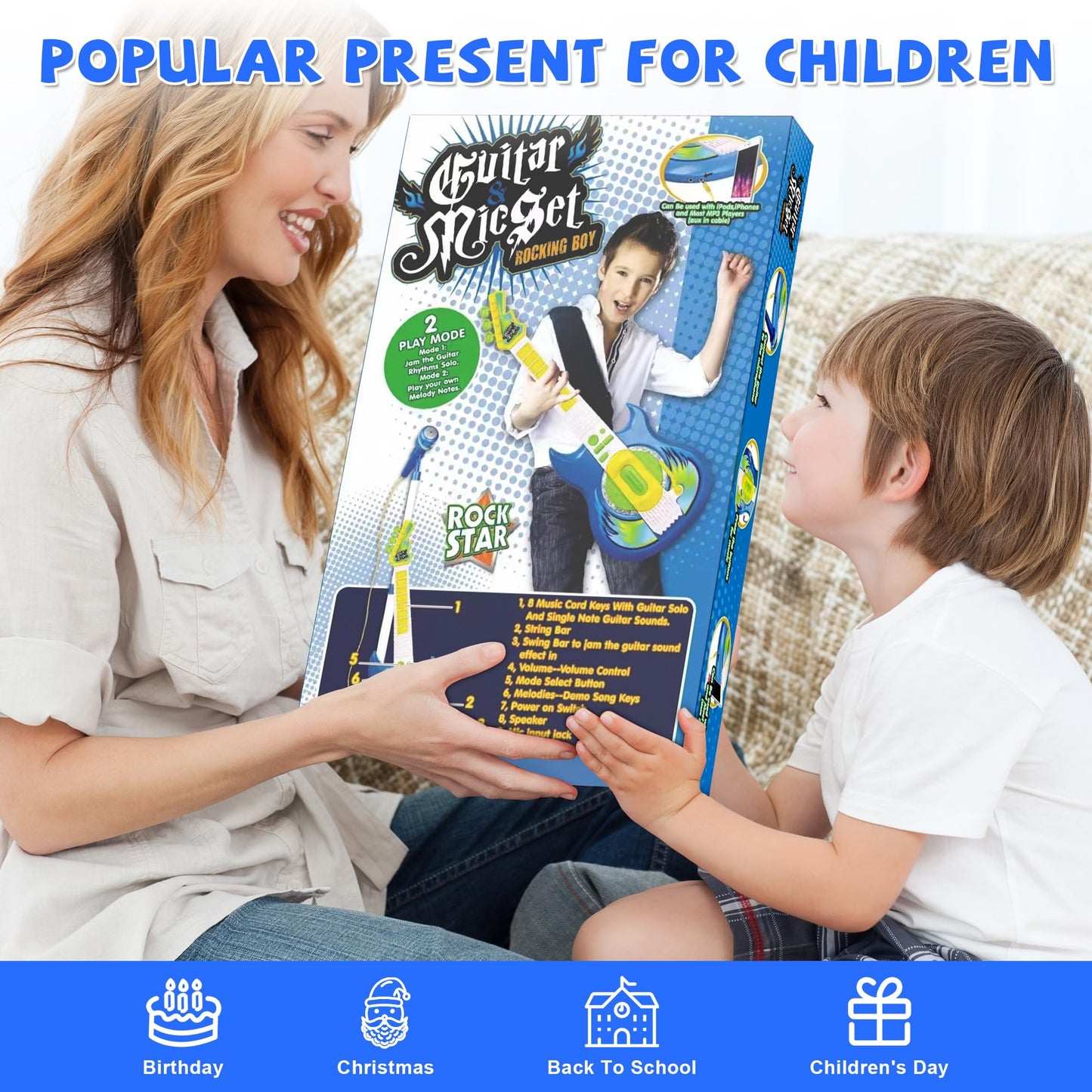 Contixo TG4 Kids Musical Guitar & Microphone Set – Blue, Adjustable Height Stand, Karaoke Toy