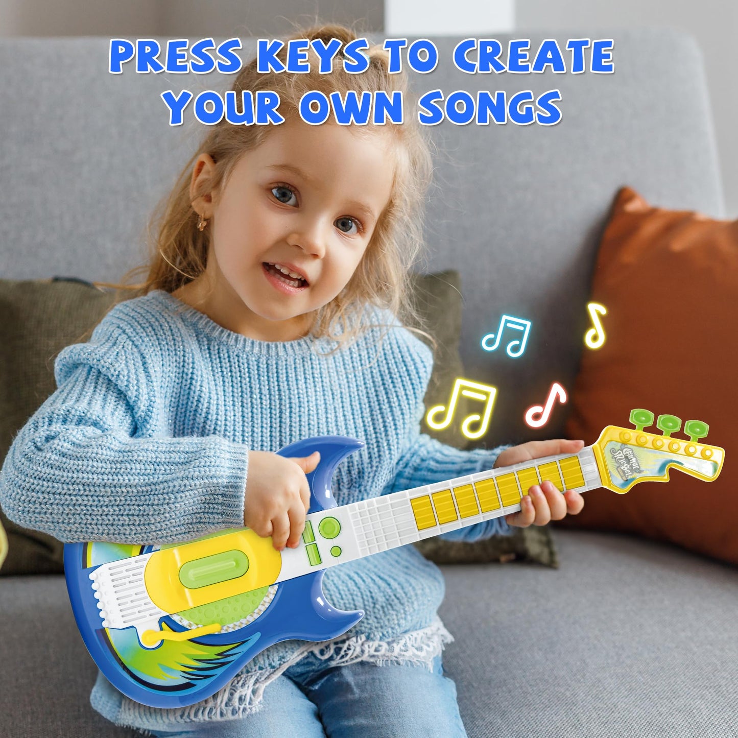Contixo TG4 Kids Musical Guitar & Microphone Set – Blue, Adjustable Height Stand, Karaoke Toy