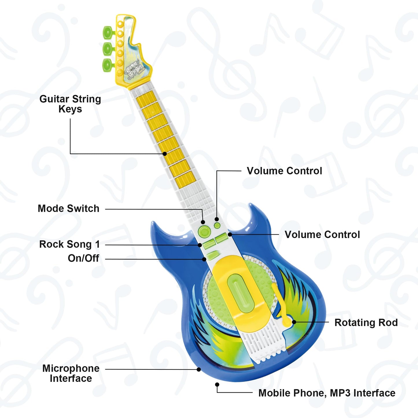 Contixo TG4 Kids Musical Guitar & Microphone Set – Blue, Adjustable Height Stand, Karaoke Toy