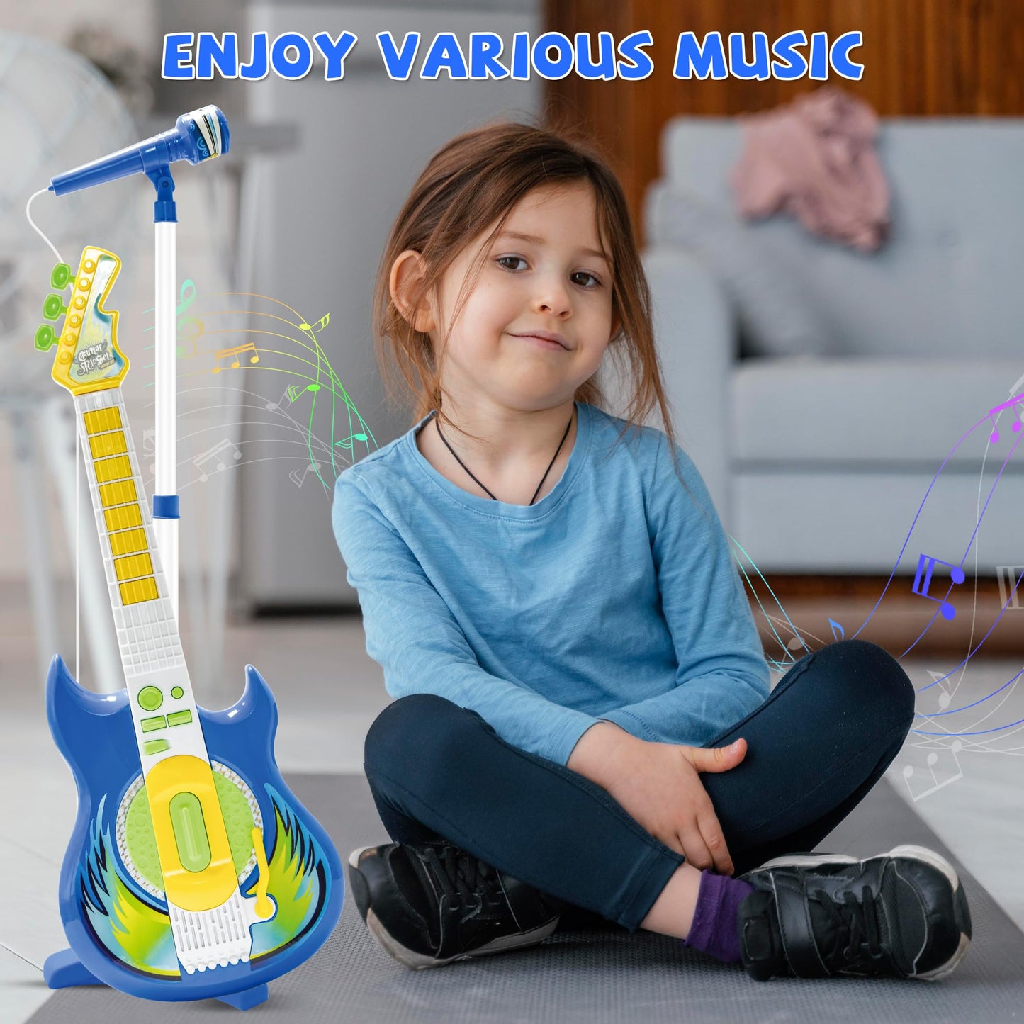 Contixo TG4 Kids Musical Guitar & Microphone Set – Blue, Adjustable Height Stand, Karaoke Toy