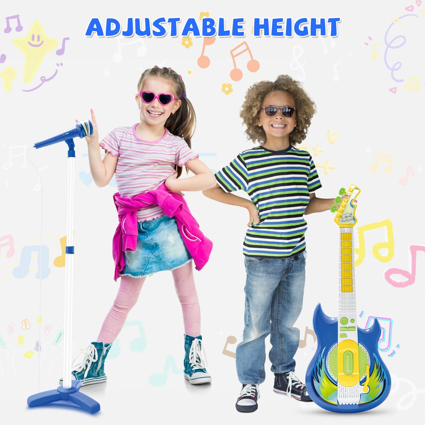 Contixo TG4 Kids Musical Guitar & Microphone Set – Blue, Adjustable Height Stand, Karaoke Toy