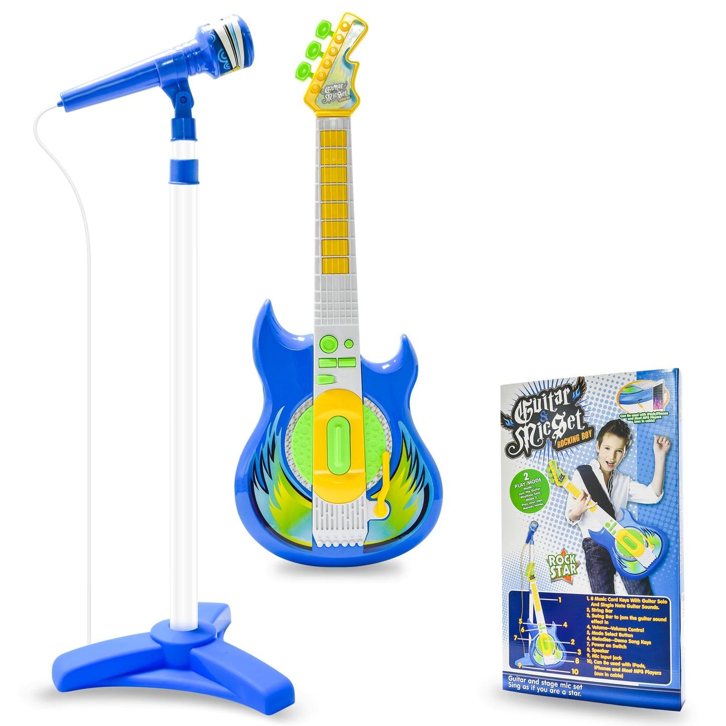 Contixo TG4 Kids Musical Guitar & Microphone Set – Blue, Adjustable Height Stand, Karaoke Toy