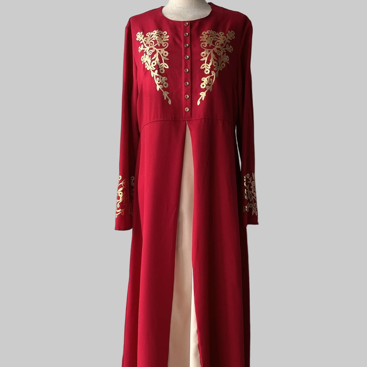 Contrast Colour Slim Fit Abaya Suit| Button-Detail Long Dress
