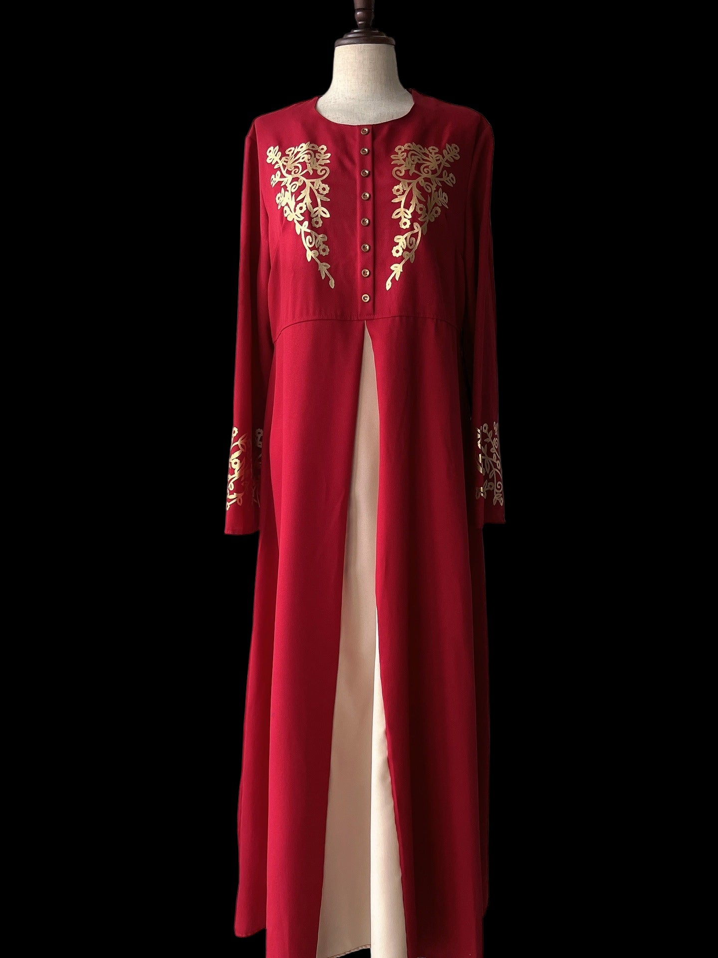 Contrast Colour Slim Fit Abaya Suit| Button-Detail Long Dress